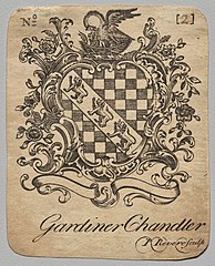 Bookplate:  Coat of Arms with Gardiner Chandler inscribed below