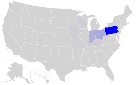 Major Pennsylvania Dutch states: Pennsylvania, Indiana, and Ohio