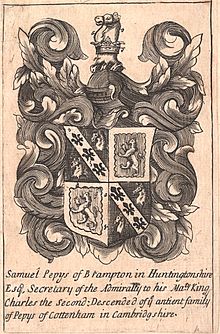 Bookplate, c. 1680-1690, with arms of Samuel Pepys: Quarterly 1st & 4th: Sable, on a bend or between two nag's heads erased argent three fleurs-de-lis of the field (Pepys ); 2nd & 3rd: Gules, a lion rampant within a bordure engrailed or (Talbot ). Samuel Pepys was descended from John Pepys who married Elizabeth Talbot, the heiress of Cottenham in Cambridgeshire. The Pepys arms are borne by the Pepys family, Earls of Cottenham PepysQuarteringTalbot.jpg