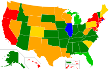 Mapa států USA zobrazující aktuální stav recipročního uznávání povolení k nošení zbraně, včetně barevné legendy