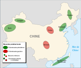 Carte montrant les gisements de pétroles situés en Chine.