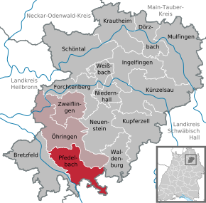 Poziția Pfedelbach pe harta districtului Hohenlohekreis