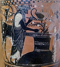 Folos noutaa Herakleelle viiniä. Yksityiskohta Gela-maalarin maalaamasta lekyytistä, n. 500 eaa.