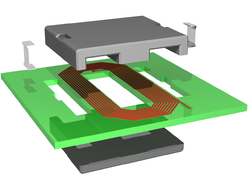 Exploded view: the spiral primary "winding" on one side of the PCB (the spiral secondary "winding" is on the other side of the PCB) Planar core assembly exploded.png