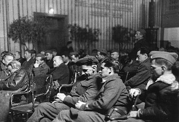 Моша Пијаде (скроз лево) на Првом заседању Словеначког народноослободилачког већа, 1944.