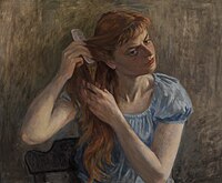 Dorcas Combing her hair by Roswell Weidner, c. 1942, oil on canvas. Collection of the Pennsylvania Academy of the Fine Arts