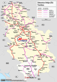 Railway network in Serbia Railway map of Serbia and Kosovo.png