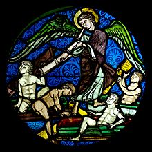 Resurrection des morts (Resurrection of the dead). Stained glass, around 1200, in the Sainte-Chapelle Resurrection dead MNMA DS 1893.jpg