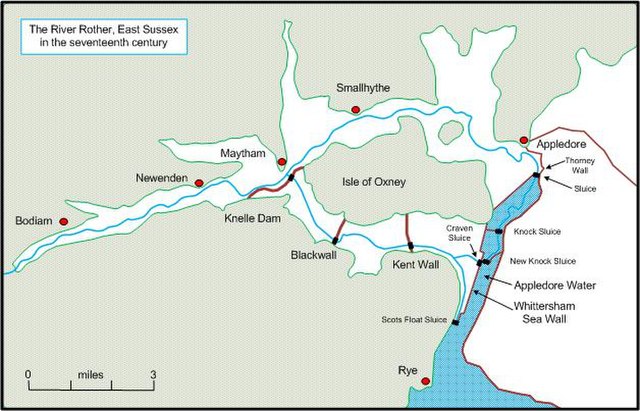 Developments of the Rother during the seventeenth century, showing the new route to the south of the Isle of Oxney