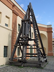 Reconstruction in Koblenz of a Roman pile driver, used to build the Rhine bridges Roman Pile Driver, Festung Ehrenbreitstein, Koblenz, Germany.jpg