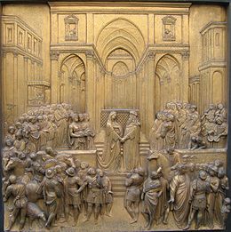 Rencontre entre le roi Salomon et la reine de Saba (scène des portes du Paradis de Lorenzo Ghiberti, XVe siècle).