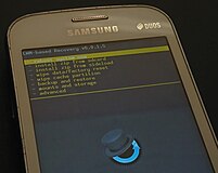 A Samsung Galaxy Trend Lite, booted into ClockWorkMod Recovery. Samsung Galaxy Trend (GT-S7392) with ClockWorkMod Recovery.jpg