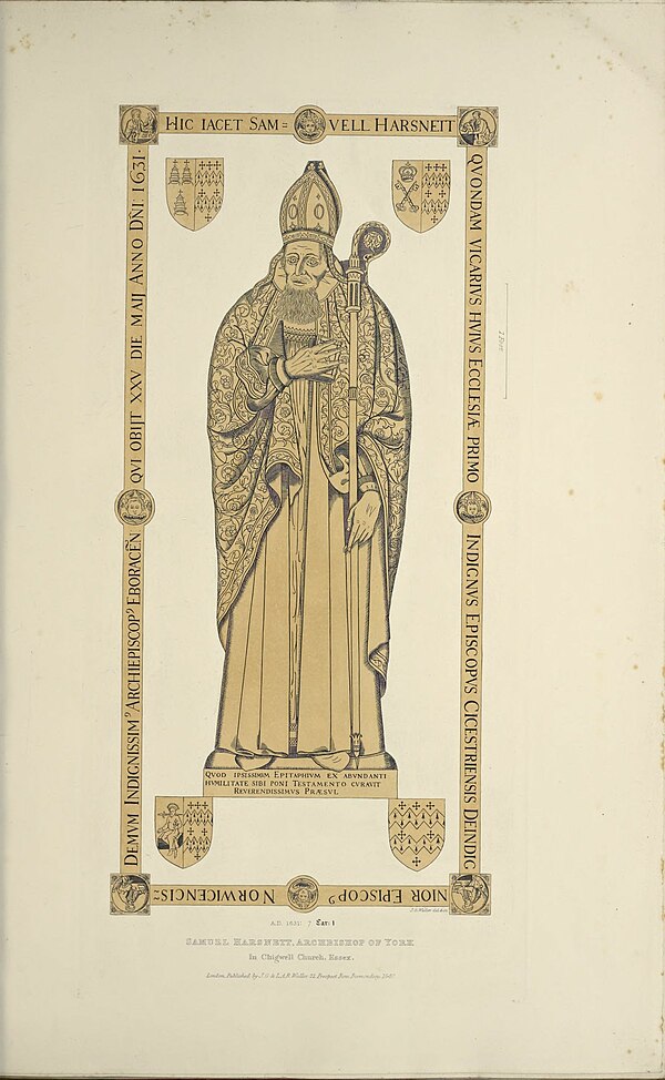 Print (1840) of the memorial brass to Samuel Harsnett in St Mary's Church, Chigwell