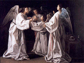 Святой Раймунд, питаемый ангелами (школа Еухенио Кахеса, 1630)