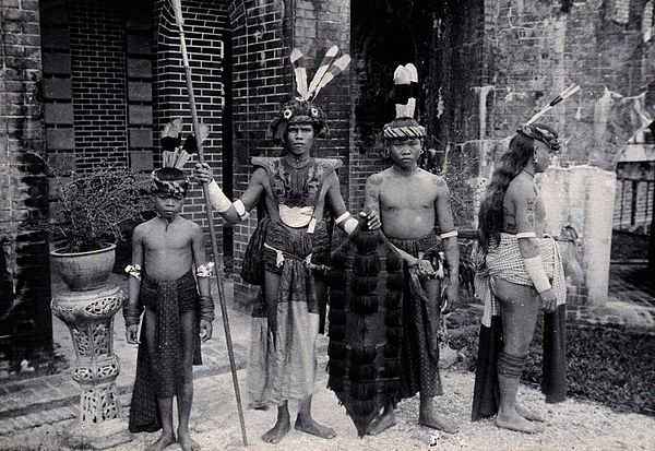 Sarawak; Sea Dayaks with weapons and head-dresses