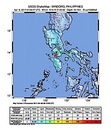Shakemap of the strongest earthquake on April 8, 2017 which was prepared by the USGS. Shakemap Earthquake 8 April 2017 Mindoro Philippines.jpg