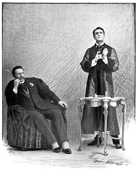 Holmes (William Gillette) and his hypodermic, with Dr. Watson (Bruce McRae, left), in the 1899 Broadway production of Sherlock Holmes