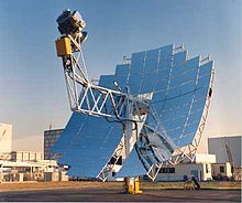 A parabolic solar dish concentrating the sun's rays on the heating element of a Stirling engine. The entire unit acts as a solar tracker. SolarStirlingEngine.jpg