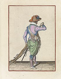 Soldier filling powder into his musket, workshop of Jacob de Gheyn (II), colored print, 1597-1607.jpg