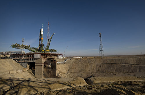 A Soyuz rocket is erected into position at the Baikonur Cosmodrome's Pad 1/5 (Gagarin's Start) on 24 March 2009. The rocket launched the crew of Expedition 19 and a spaceflight participant on 26 March 2009.[14]