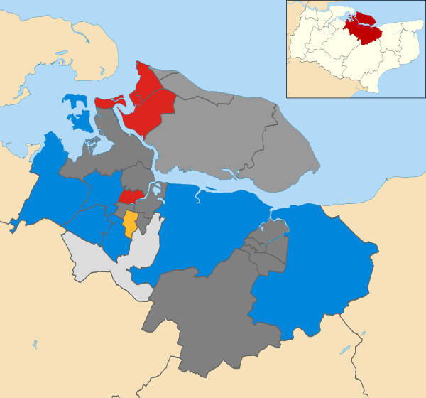 Map of the results of the 2007 Swale Borough Council election. Conservatives in blue, Sheppey First in grey, Labour in red, Liberal Democrats in yellow and independent in light grey. Wards in dark grey were not contested in 2007.