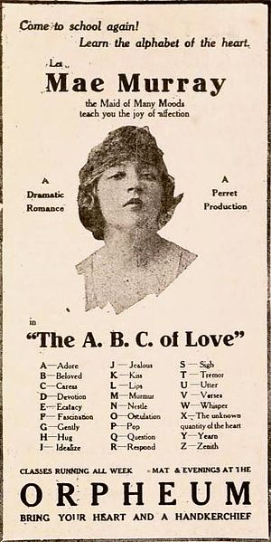  Advertisement for the American film The ABC of Love (1919) with Mae Murray, from the Pathé press book, on page 132 of the December 27, 1919 Exhibitors Herald.
