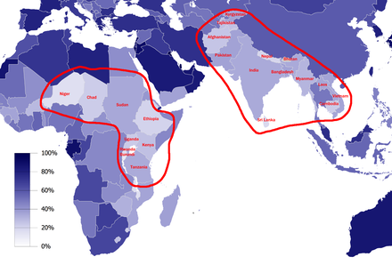 Map with circled African and Asian belts of non-urbanized countries