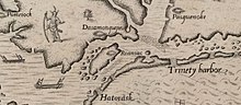 De kaart van de hele kust van Virginia door Theodor de Bry - Roanoke Island detail.jpg