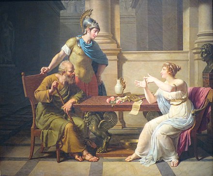 In a tradition that can be traced back to the fourth century BC, Aspasia was a skilled rhetorician.  In this painting by Nicolas-André Monsiau, she speaks while Socrates and Pericles listen attentively.
