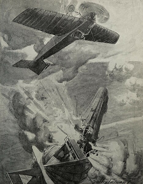 An artist's impression of the destruction of German Zeppelin LZ 37 by Sub-Lieutenant Rex Warneford on 7 June 1915 → June 19, 1915, 2 (44): 423