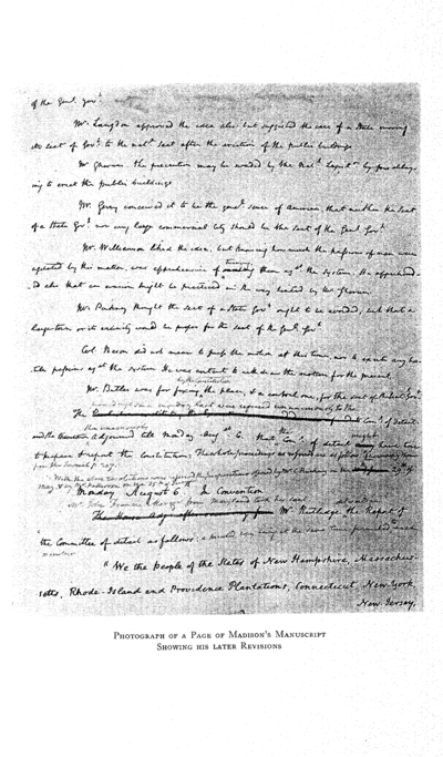 Photograph of a Page of Madison’s Manuscript Showing his Later Revisions