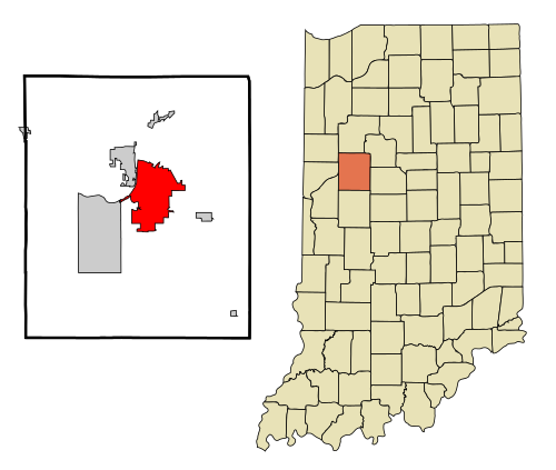 Location of Lafayette in Tippecanoe County and the state of Indiana