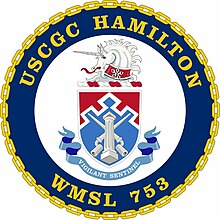 USCGC Hamilton (WMSL 753) seal. The two colors on the coat of arms represent the aspects of Alexander Hamilton's life: military and civilian. The white demarcation line is a virtual diagram of the trenches converging on the British redoubt #10 at Yorktown. Surmounting the crossed bayonets symbolizing Hamilton's taking of the redoubt is a Doric column which represents Hamilton's service as a statesman. The crest shows an ermine cinquefoil, which is the principal charge on the Hamilton family coat of arms and is worn by a unicorn, which are supporters on the royal arms of Scotland and also taken from the hand-carved powder horn Hamilton is believed to have owned. The motto, "Vigilant Sentinel," is derived from a quote in Federalist No. 12: "A few armed vessels, judiciously stationed at the entrance of our ports, might at a small expense be made useful sentinels of the law." USCGC Hamilton Crest.jpg