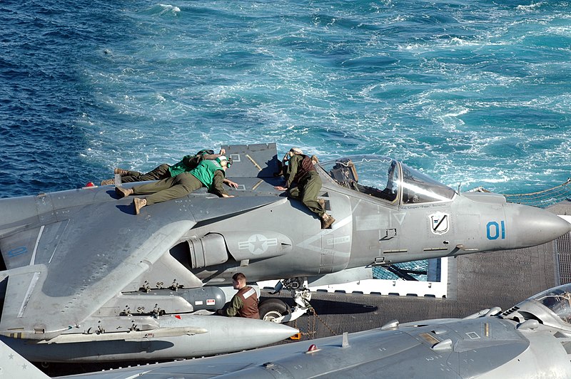 File:US Navy 060123-N-1467K-002 Marines aboard the amphibious assault ship USS Peleliu (LHA 5) conduct maintenance on an AV-8B Harrier assigned to the Blacksheep of Marine Attack Squadron Two One Four (VMFA-214).jpg