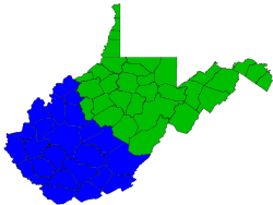 The Southern District spans the counties colored blue on this map. US federal courts in West Virginia.svg