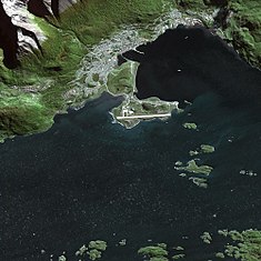 Ushuaia vu par le satellite. Au centre de la photo : l'aéroport.