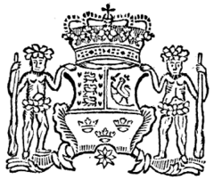 Coat of arms from the first issue of Kongelig allene privilegerede Tronhiems Adresse-Contoirs Efterretninger, 1767, showing the arms of Denmark, Norway and the Kalmar Union