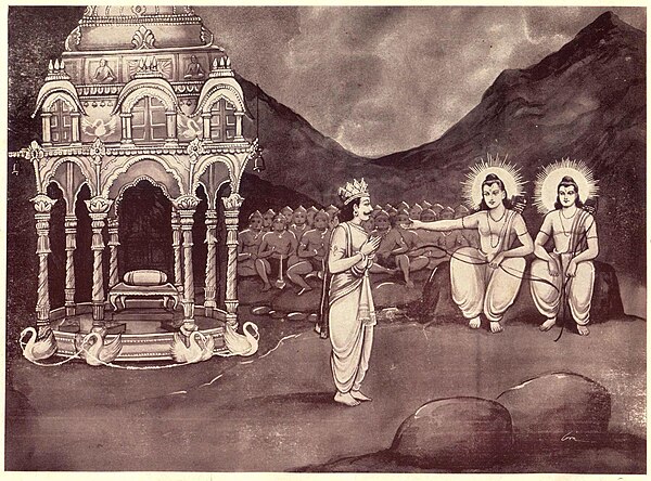 Vibhishana (left) shows the Pushpaka Vimana to Rama and Lakshmana