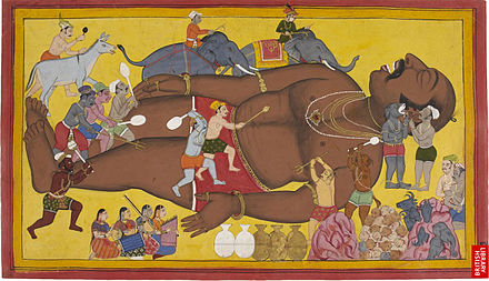 The demons try to rouse the giant Kumbhakarna, by hitting him with weapons and clubs and shouting in his ear, 17th century, British Museum.
