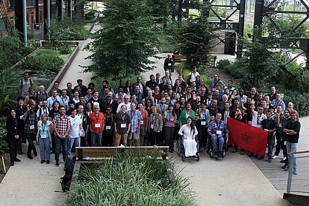 Reda Benkhadra and Anass Sedrati holding the Moroccan flag at WikiConvention francophone 2016.