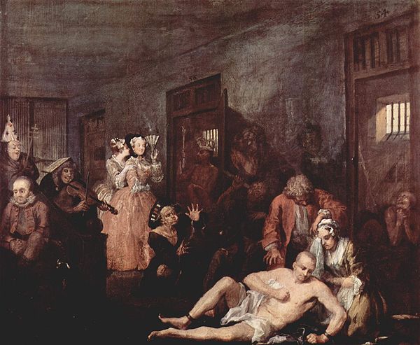 Tom in Bedlam, comforted only by Sarah Young (Anne in the opera) – the last of Hogarth's paintings.