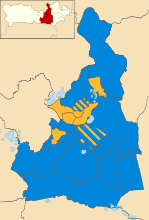 Map of the results of the 2004 Wokingham council election. Conservatives in blue and Liberal Democrats in yellow. Wokingham UK local election 2004 map.svg