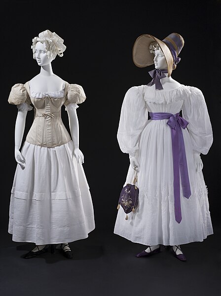 File:Woman's sleeve plumper, muslin dress and straw bonnet LACMA M.2007.211.440 and M.2007.211.739.jpg