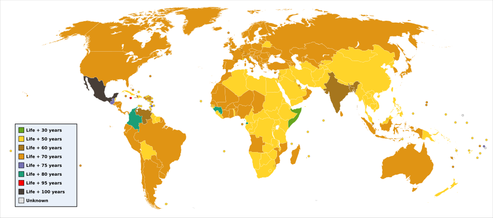 Carte représentant les différents conditions d'application du droit d'auteur dans le monde