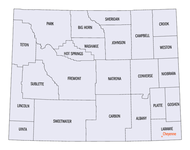An enlargeable map of the 23 counties of Wyoming Wyoming counties map.png