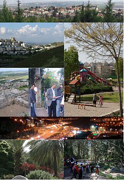 De izquierda a derecha: vista desde el oeste, vista desde el sur, Tel Yokneam, Green Day, Yokneam City Park, Yokneam High-Tech Park por la noche, Metri Park, Nahal Shofet