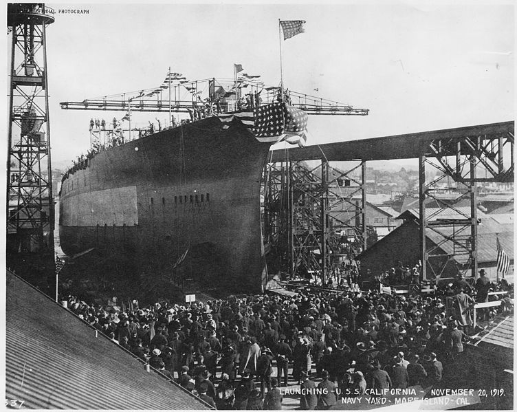 File:"USS CALIFORNIA (BB44) Launching Ceremony, showing the bow view looking down the ways to the stern, on the ways at... - NARA - 296908.jpg