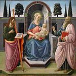 10Francesc Botticini Madonna și Pruncul intrat între Sfântul Iacob cel Mare și Sfântul Ioan Evanghelistul 140x143, 1470-75. Londra, Colecția P. Harris.jpg