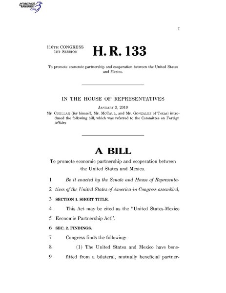 File:116th United States Congress H. R. 0000133 (1st session) - United States-Mexico Economic Partnership Act A - Introduced in House.pdf