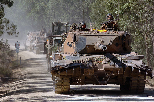 A Leopard AS1 MBT of the 1st Armoured Regiment during an exercise in Queensland in 2005.